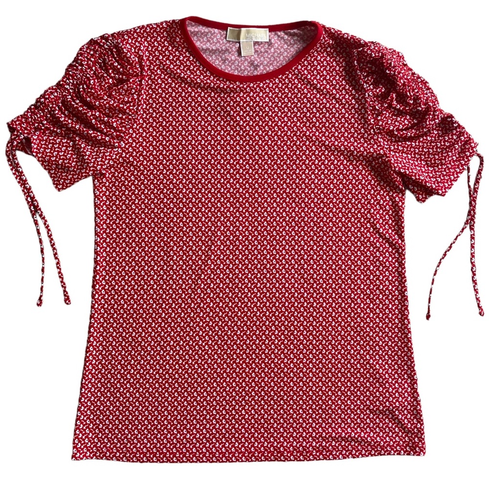 🌹 Michael Kors drawstring sleeves, red/white floral print blouse sz M